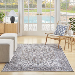 8' x 10' Gray Ivory and Blue Floral Distressed Washable Area Rug