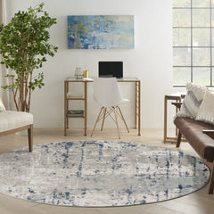 8' Blue and Gray Round Abstract Power Loom Area Rug