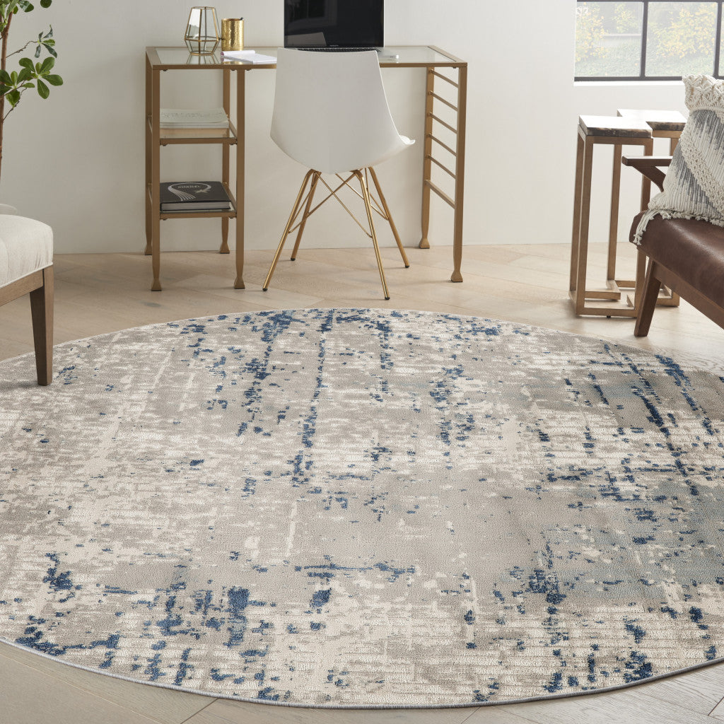 8' Blue and Gray Round Abstract Power Loom Area Rug