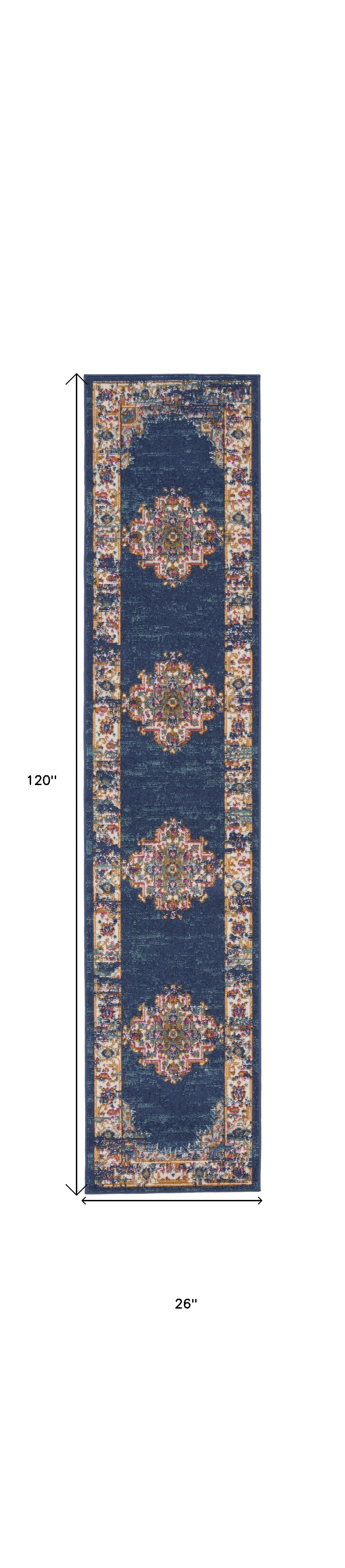 10' Blue and Ivory Oriental Power Loom Distressed Runner Rug