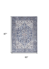 5' x 7' Gray Ivory and Blue Floral Power Loom Distressed Washable Area Rug
