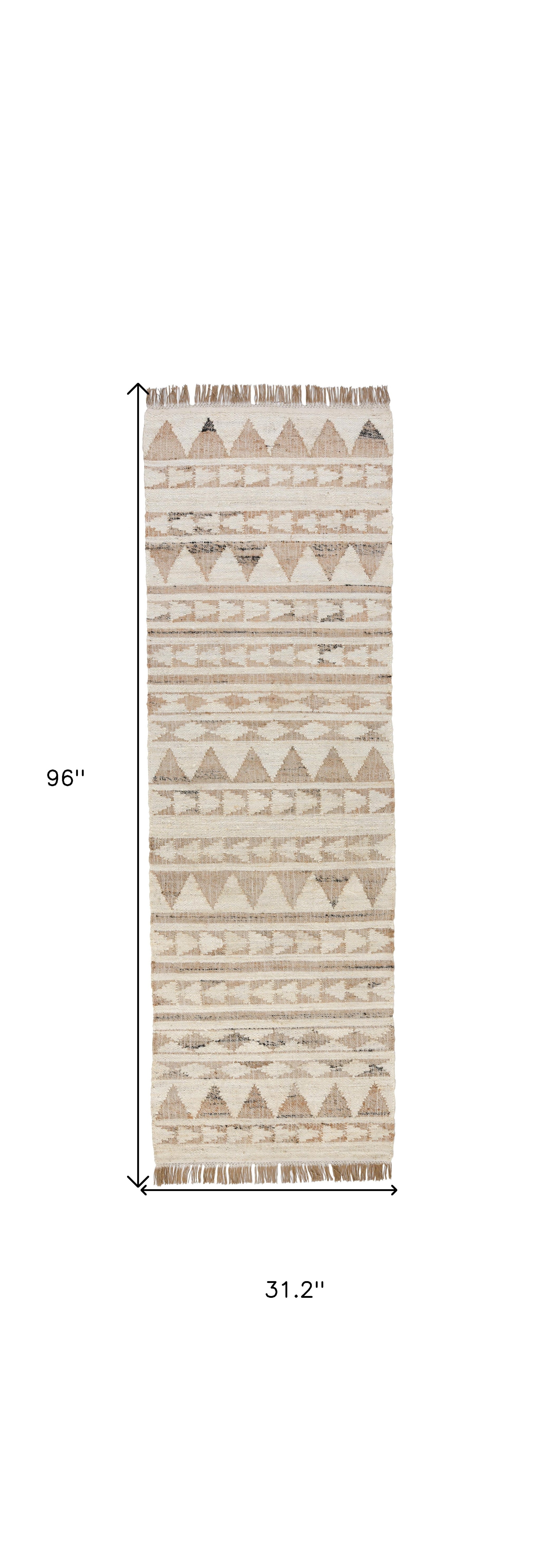 8' Natural and Ivory Southwestern Hand Woven Distressed Runner Rug with Fringe