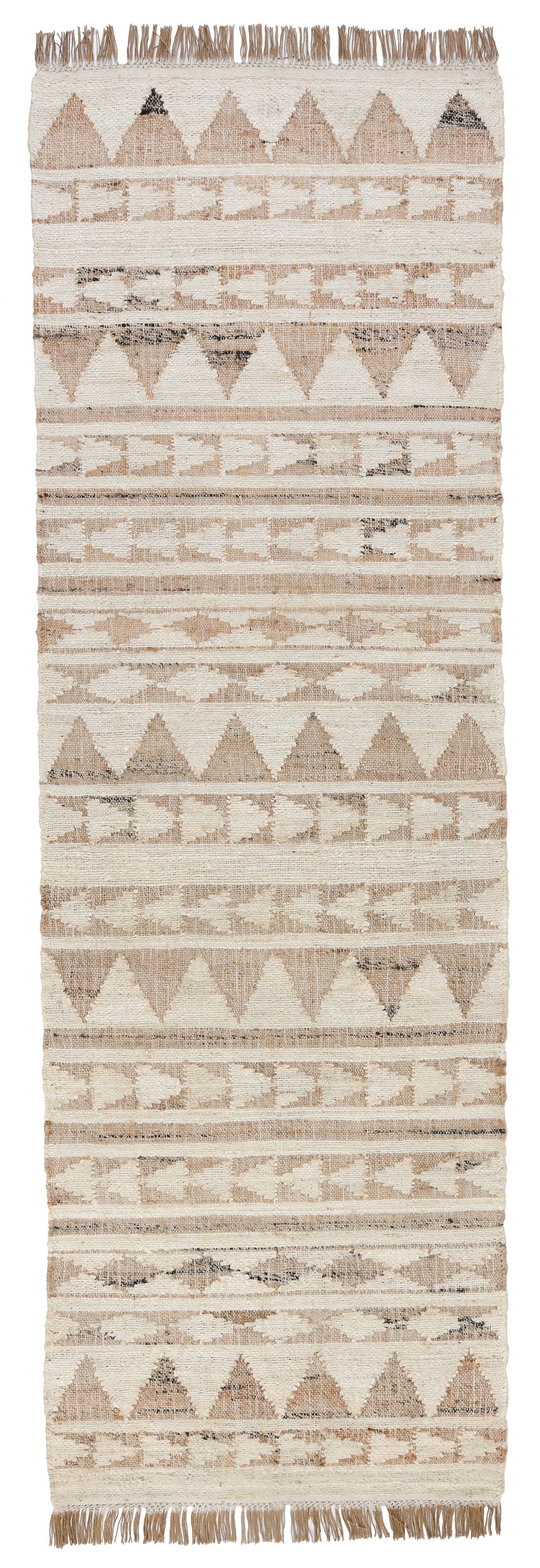 8' Natural and Ivory Southwestern Hand Woven Distressed Runner Rug with Fringe