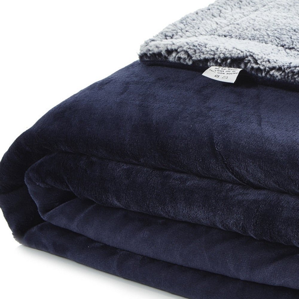 Navy Blue Knitted PolYester Solid Color Plush Throw Blanket