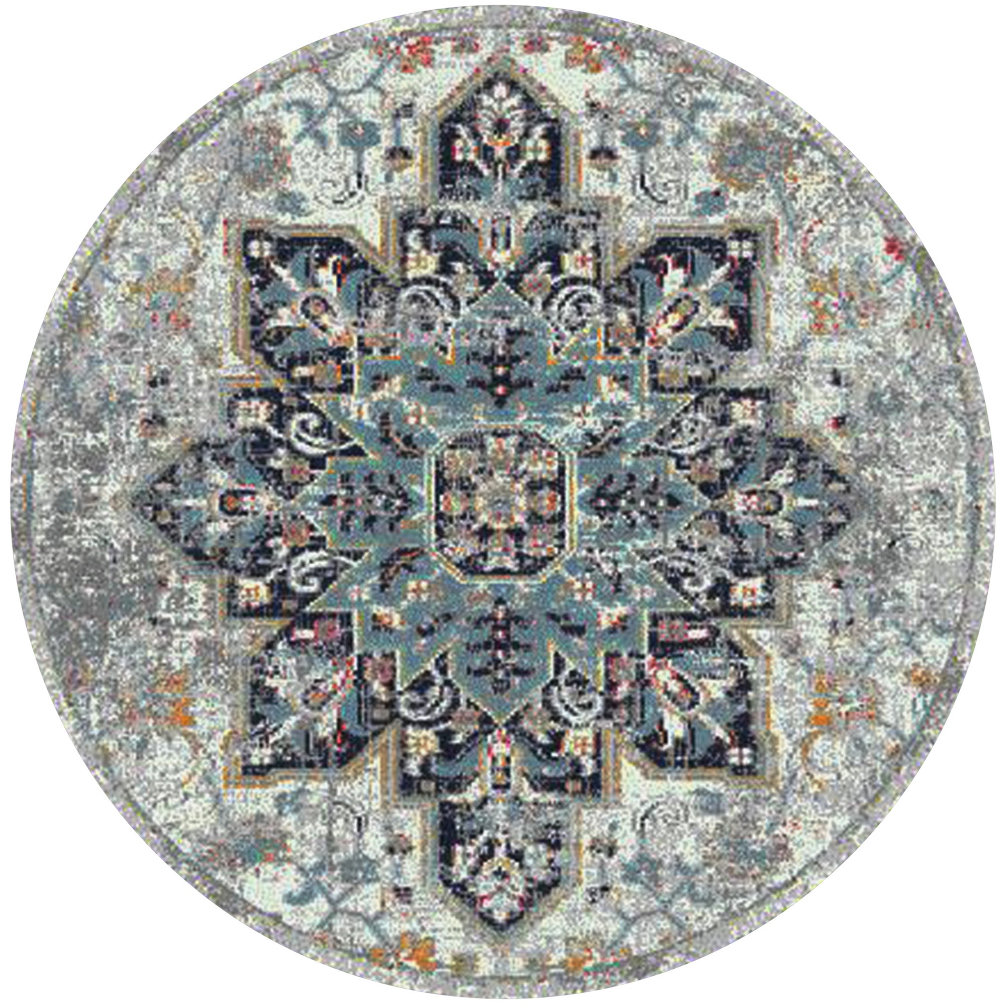 7' Gray Round Medallion Power Loom Area Rug