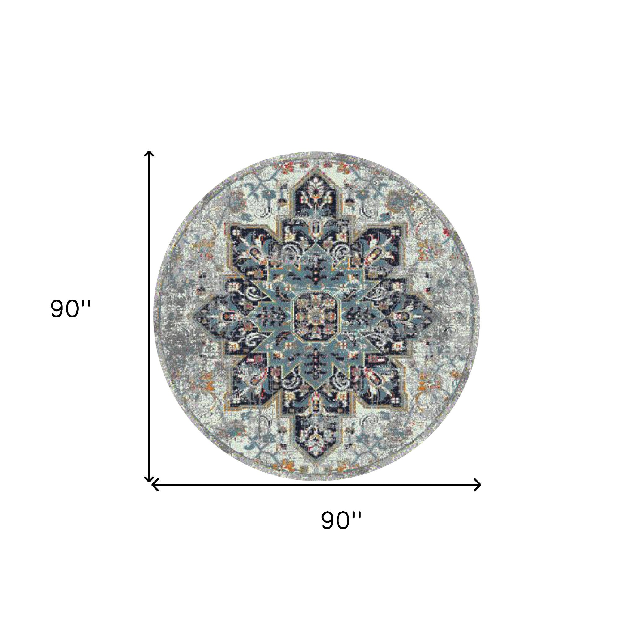 7' Gray Round Medallion Power Loom Area Rug