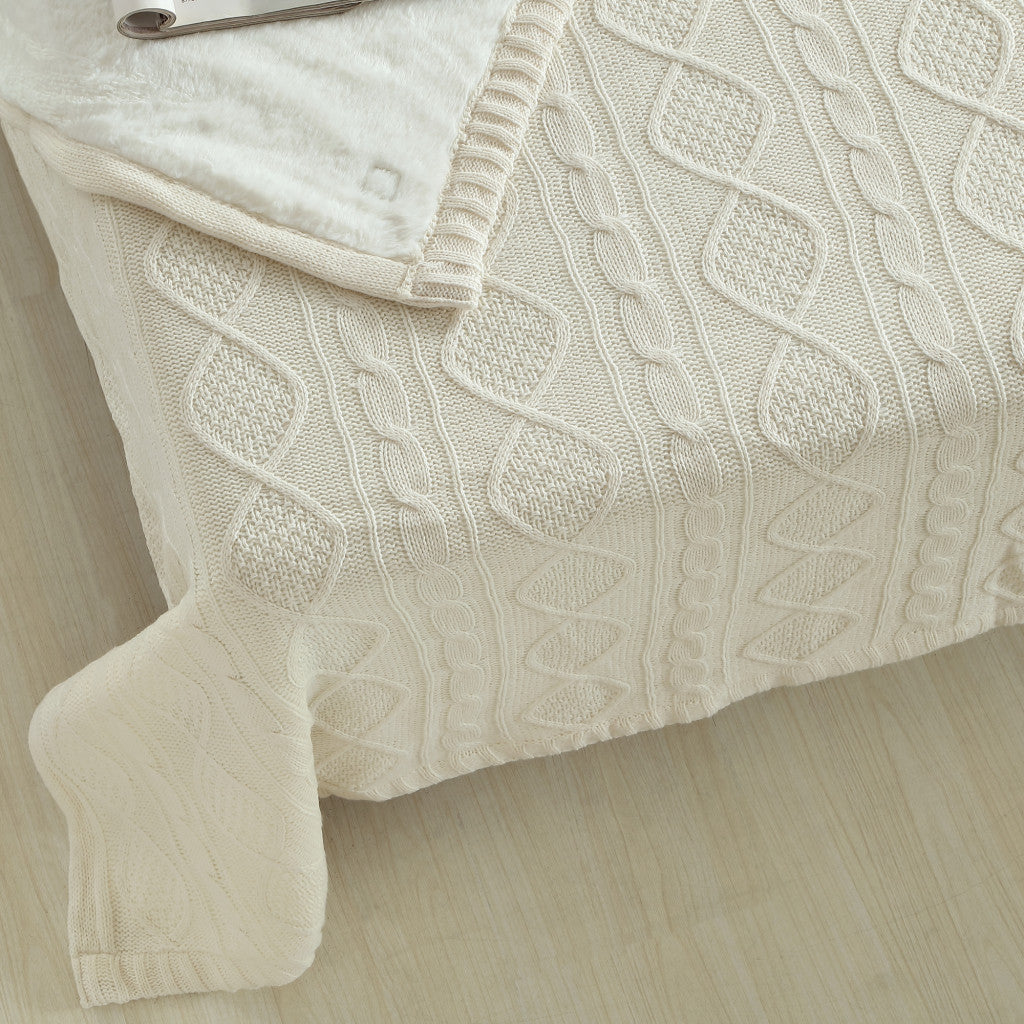 Cream Knitted Acrylic Solid Color Throw Blanket