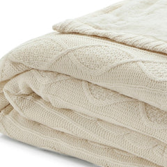 Cream Knitted Acrylic Solid Color Throw Blanket