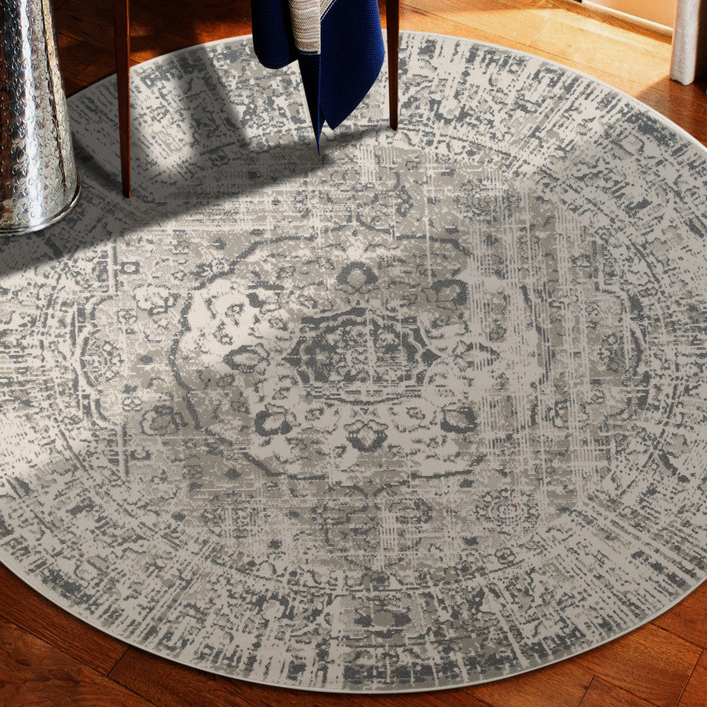 8' Gray Round Medallion Power Loom Area Rug