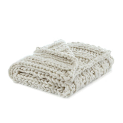 Cream Knitted Polyester Solid Color Throw Blanket