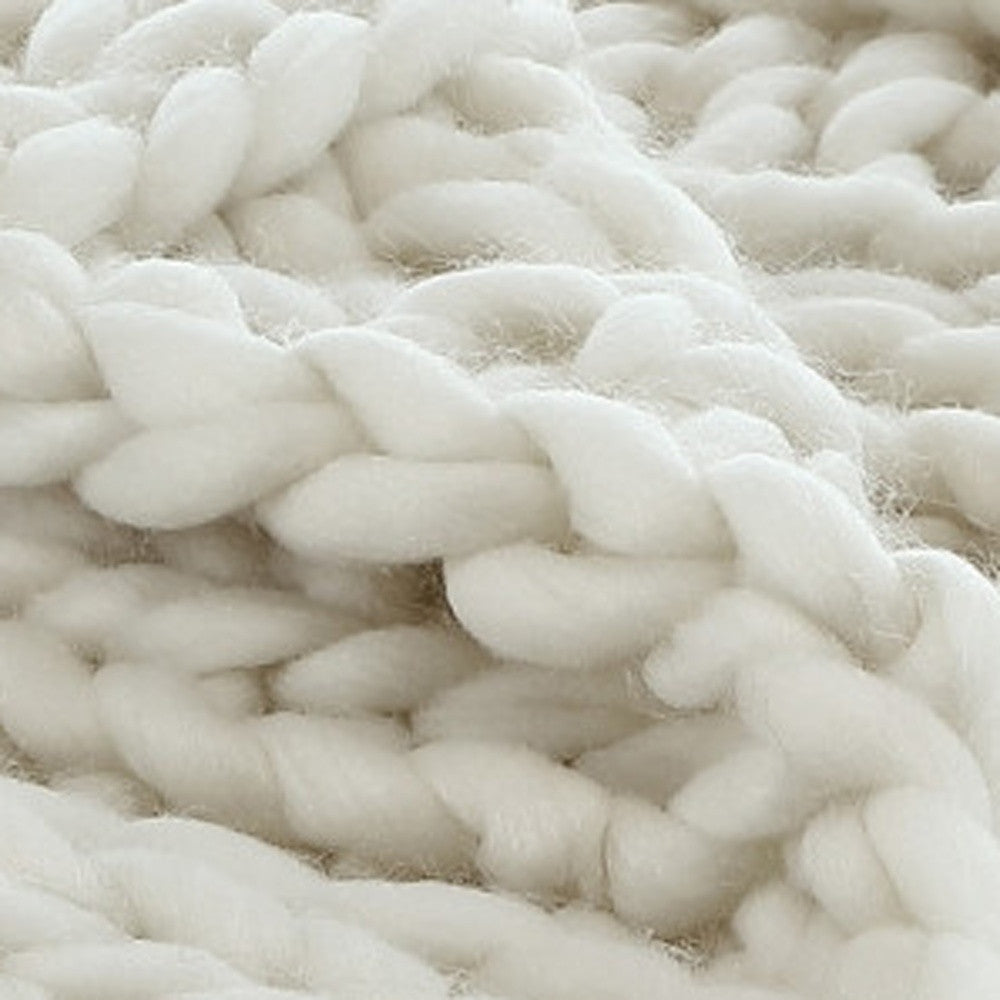 Cream Knitted Polyester Solid Color Throw Blanket