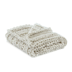 Cream Knitted Polyester Solid Color Throw Blanket