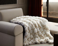 Beige Knitted Acrylic Geometric Throw Blanket