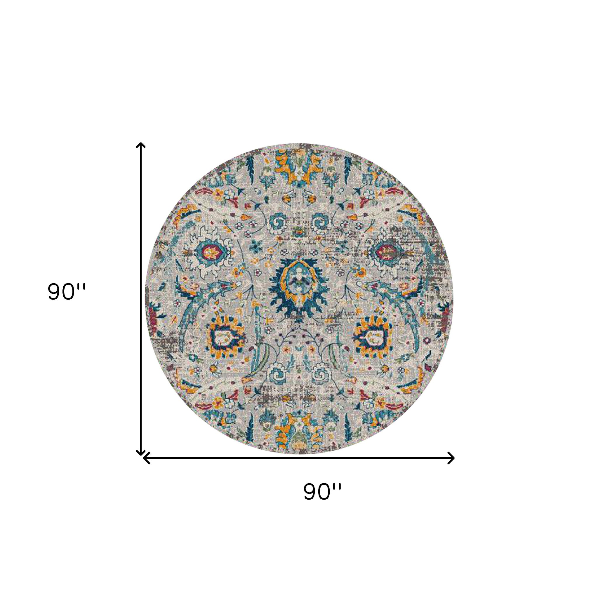 7' Orange and Ivory Round Floral Power Loom Area Rug