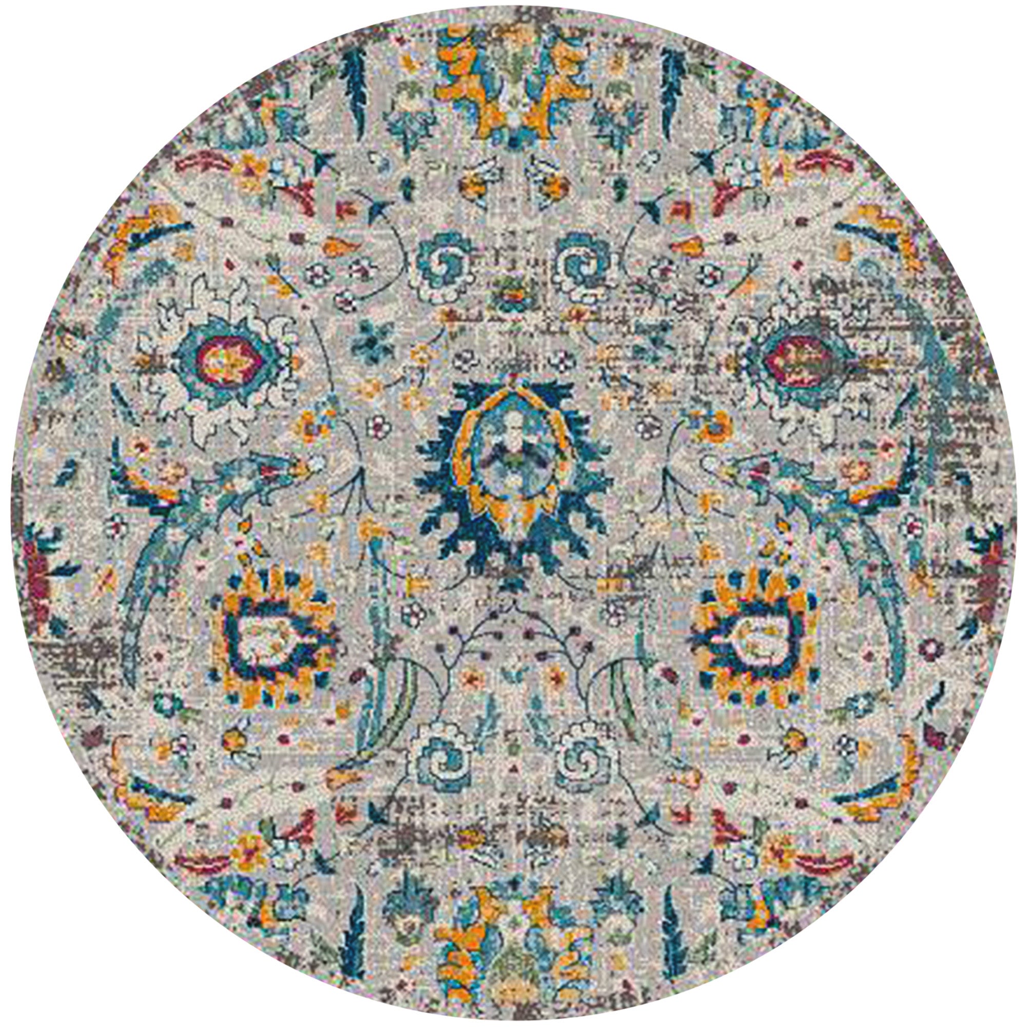 7' Orange and Ivory Round Floral Power Loom Area Rug