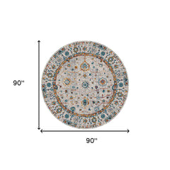 7' Orange and Ivory Round Floral Power Loom Area Rug