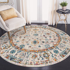 7' Orange and Ivory Round Floral Power Loom Area Rug