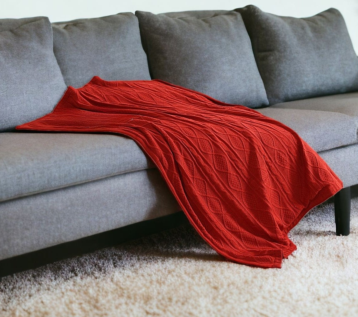 Red Knitted Acrylic Solid Color Throw Blanket