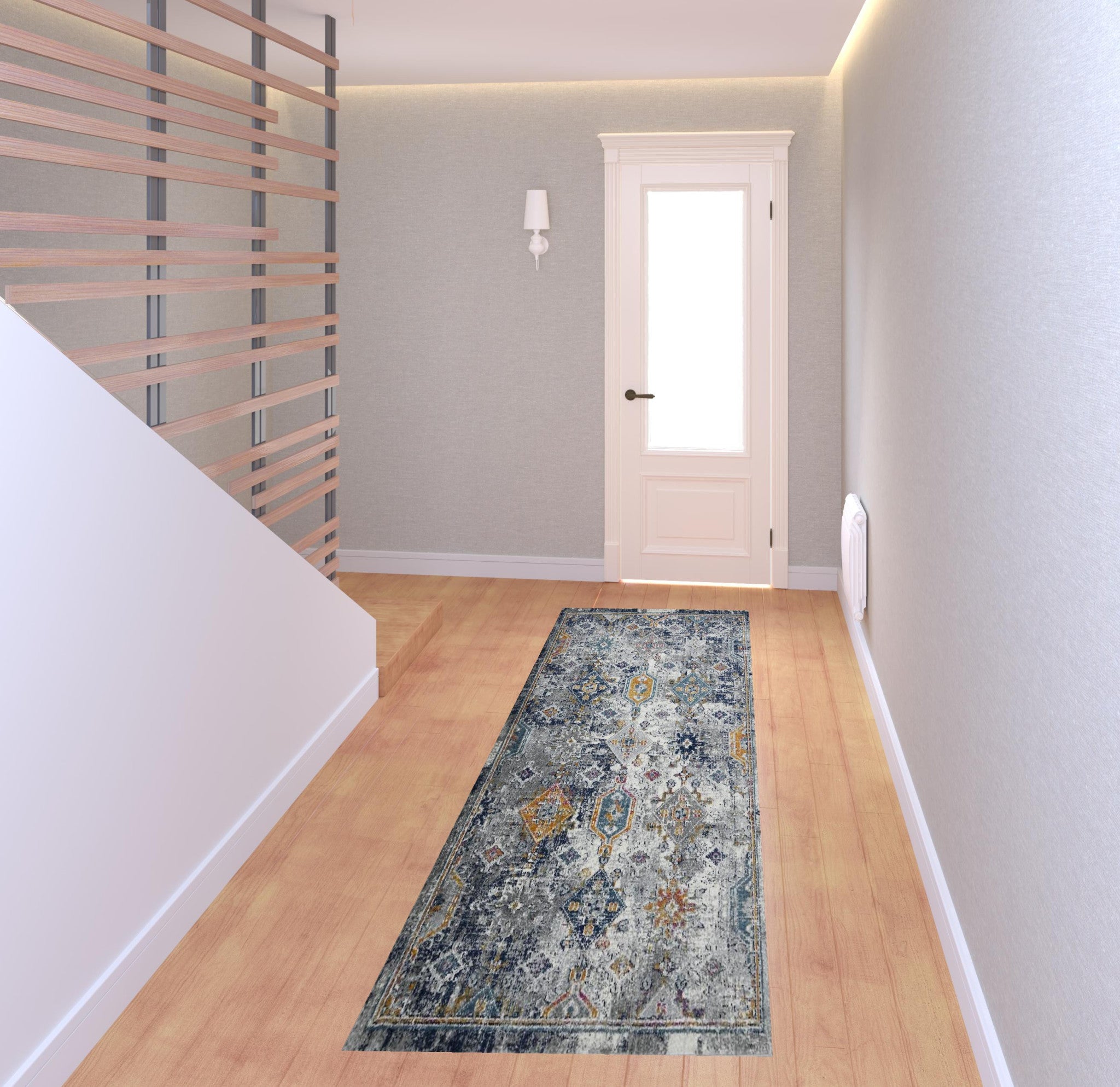 8' Blue and Orange Geometric Power Loom Runner Rug