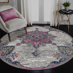 7' Pink Round Medallion Power Loom Area Rug