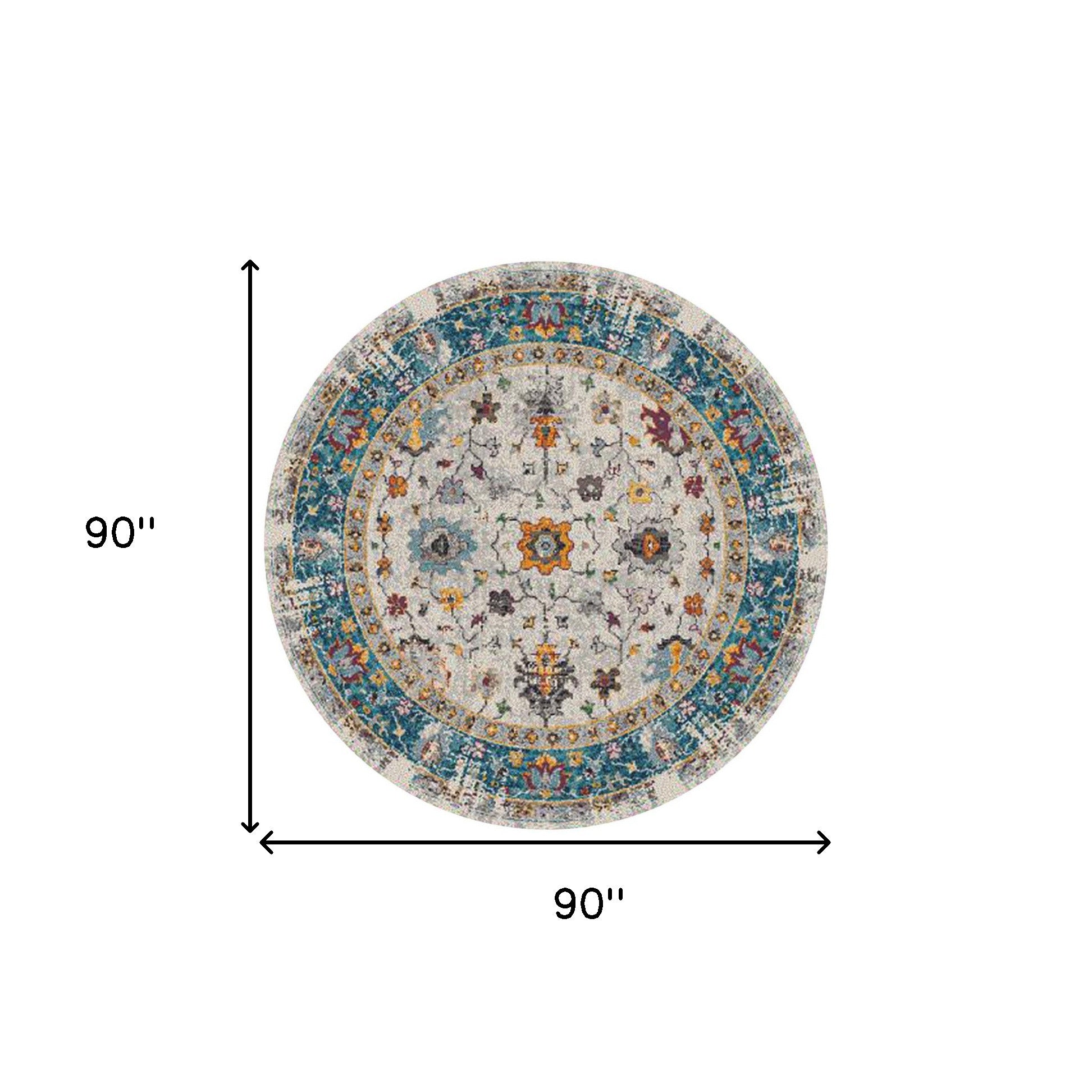 7' Blue and Orange Round Floral Power Loom Area Rug