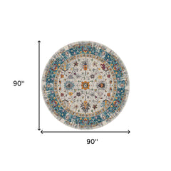 7' Blue and Orange Round Floral Power Loom Area Rug