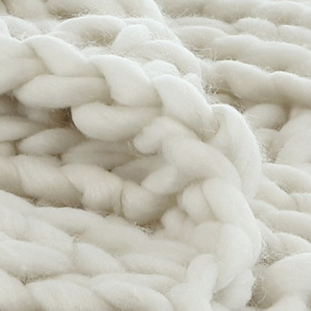 Cream Knitted Polyester Solid Color Throw Blanket