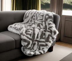 Gray Knitted Acrylic Geometric Throw Blanket