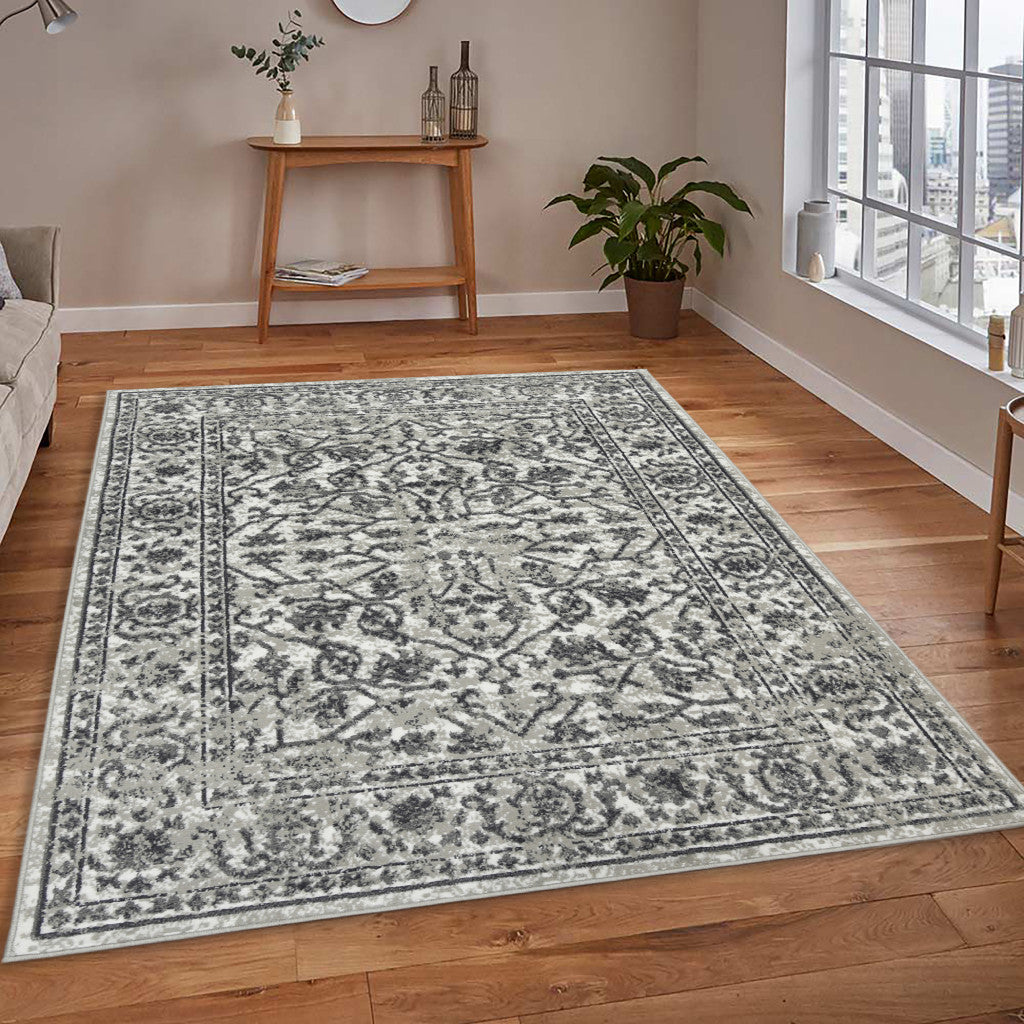 5' x 7' Gray Floral Power Loom Area Rug