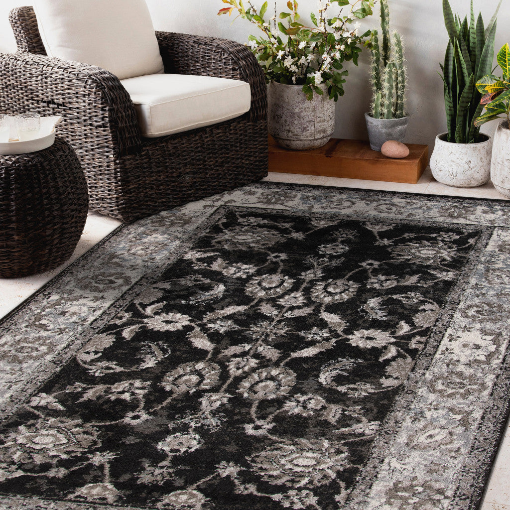 2' x 3' Black Floral Power Loom Area Rug