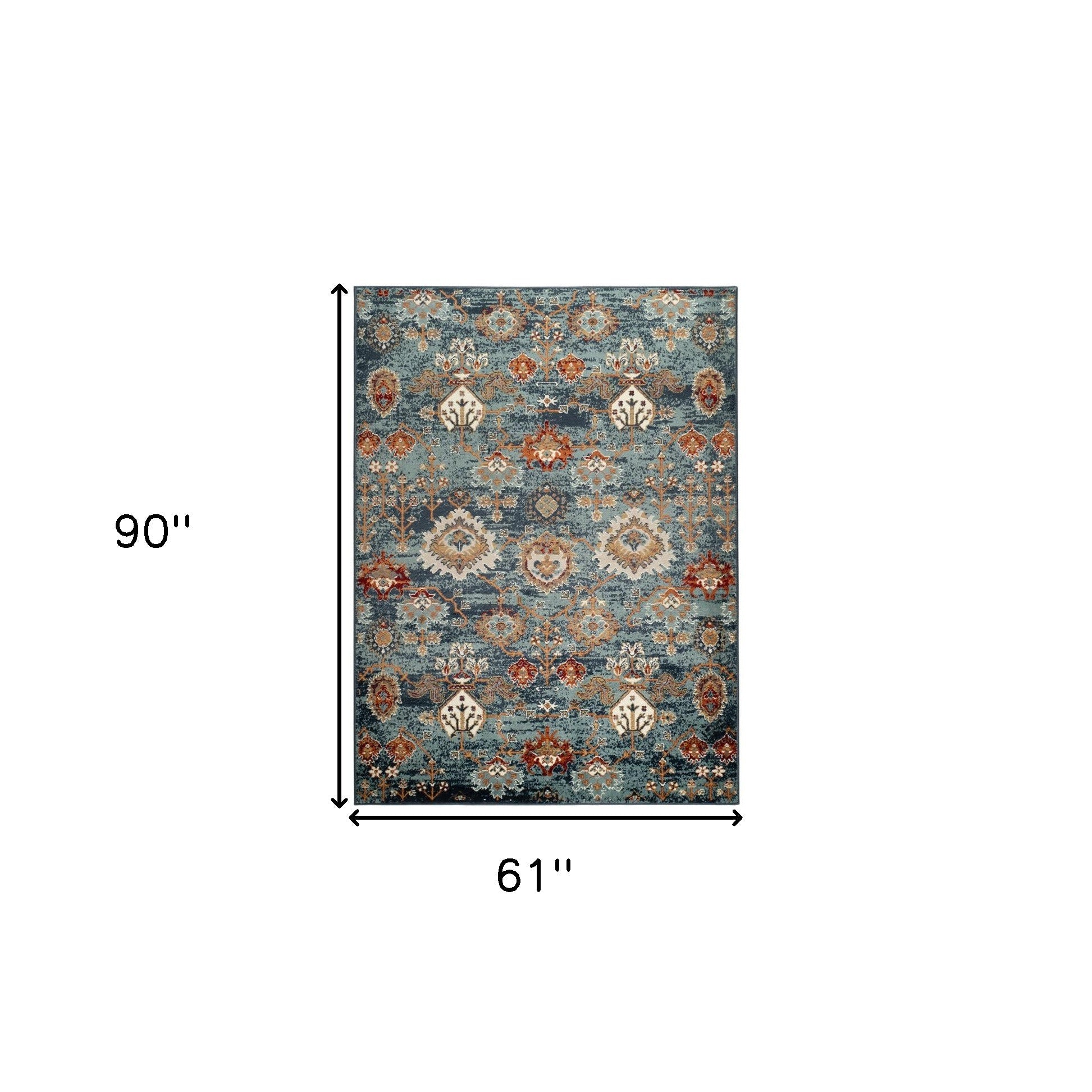 5' x 7' Teal Blue Oriental Power Loom Area Rug With Fringe