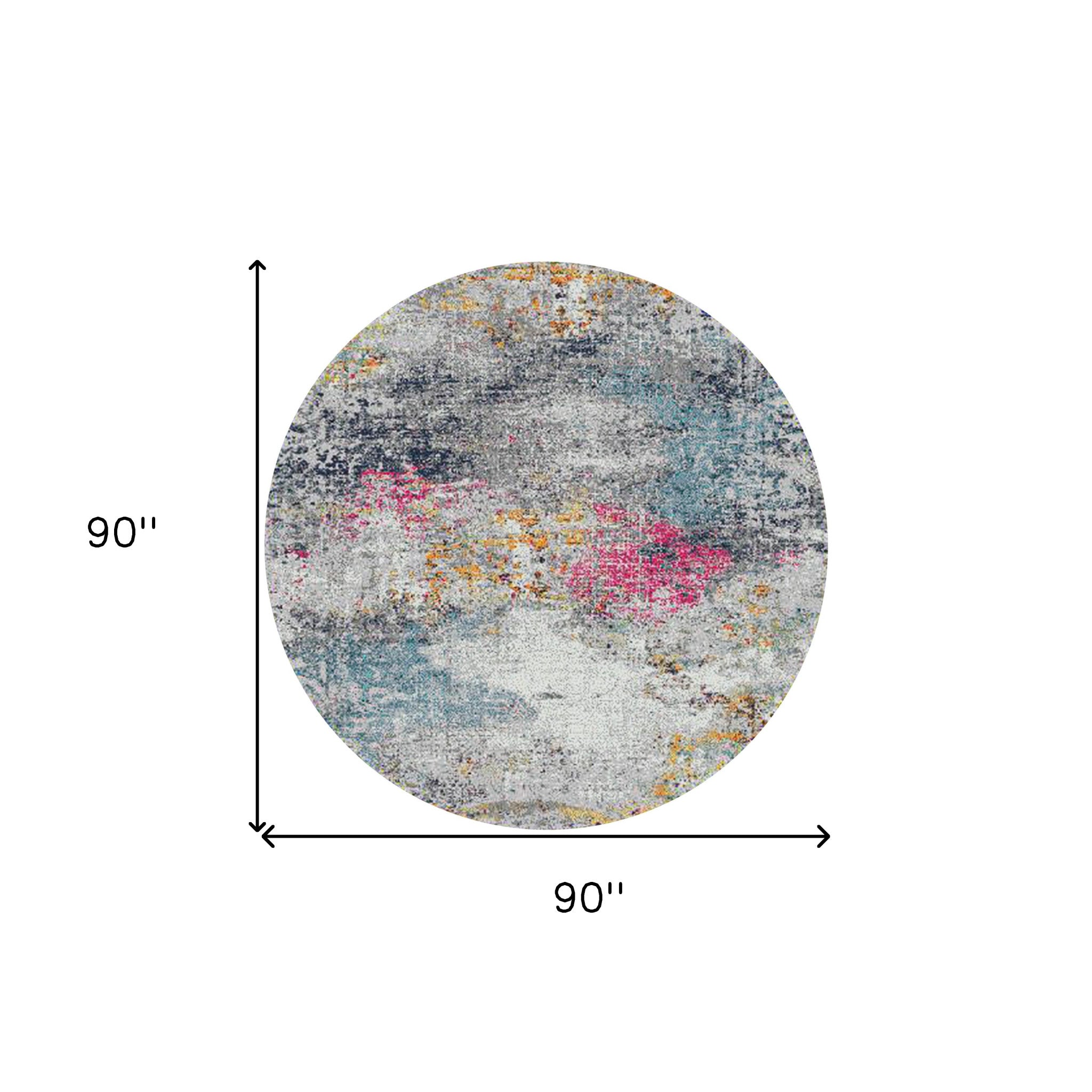 7' Blue and Pink Round Abstract Power Loom Area Rug
