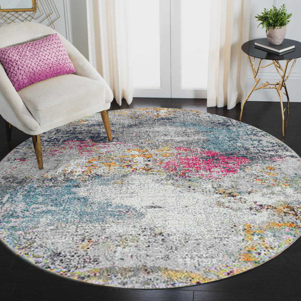 7' Blue and Pink Round Abstract Power Loom Area Rug