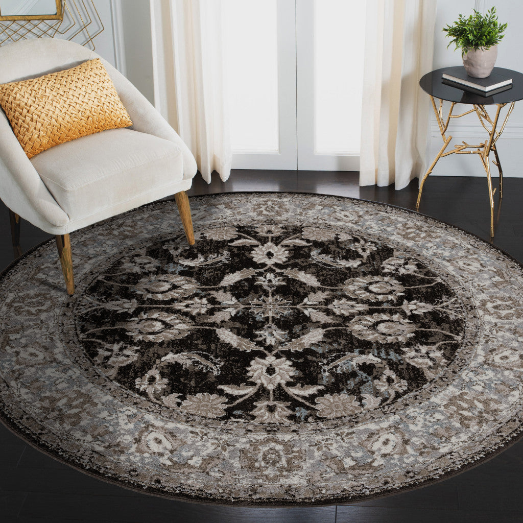 6' Black Round Floral Power Loom Area Rug