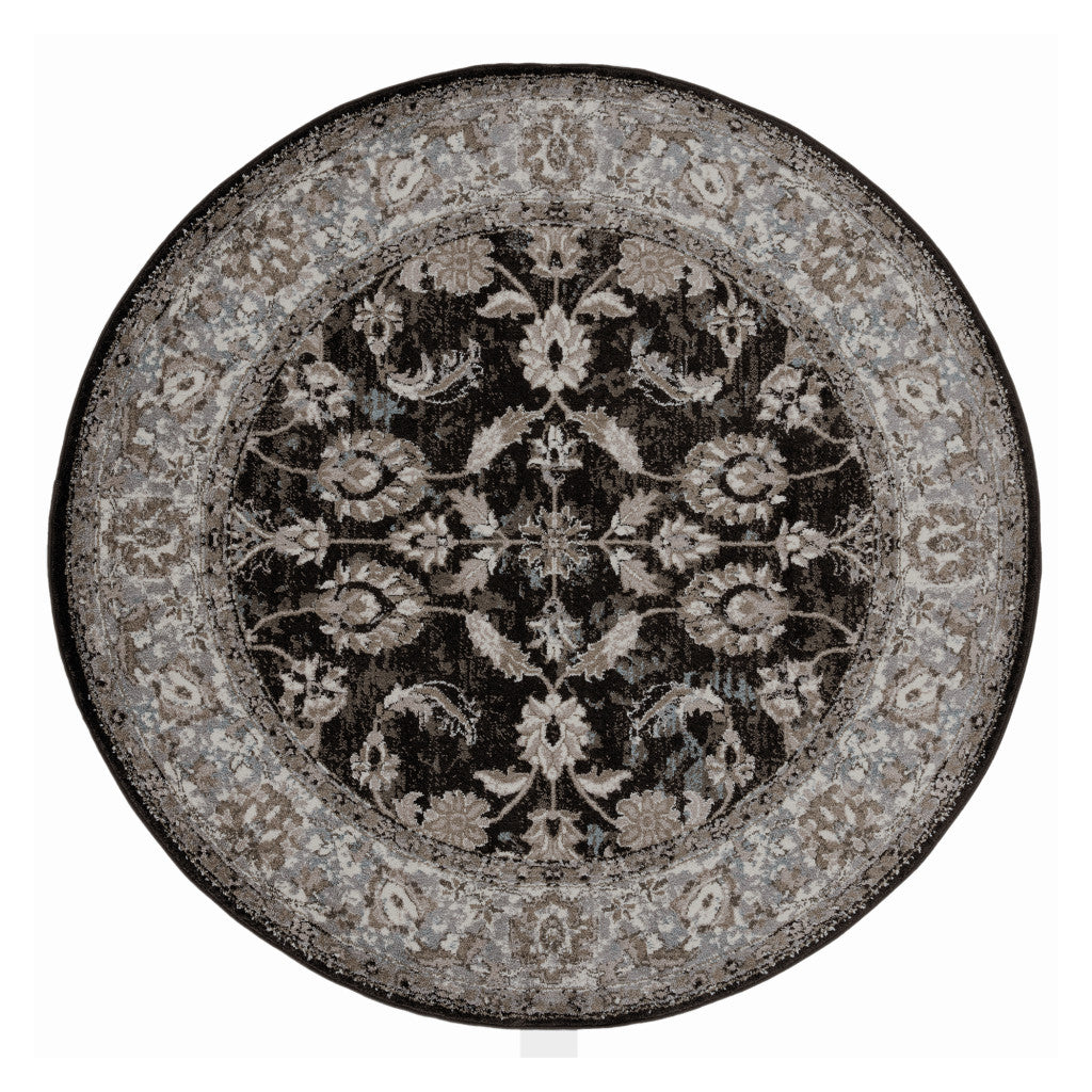 6' Black Round Floral Power Loom Area Rug