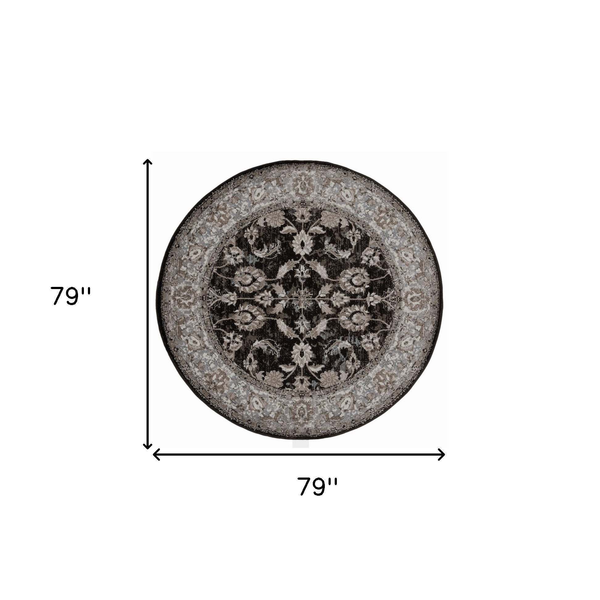 6' Black Round Floral Power Loom Area Rug