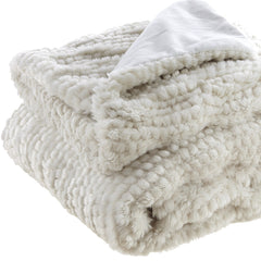 Ivory Knitted Acrylic Solid Color Plush Throw Blanket