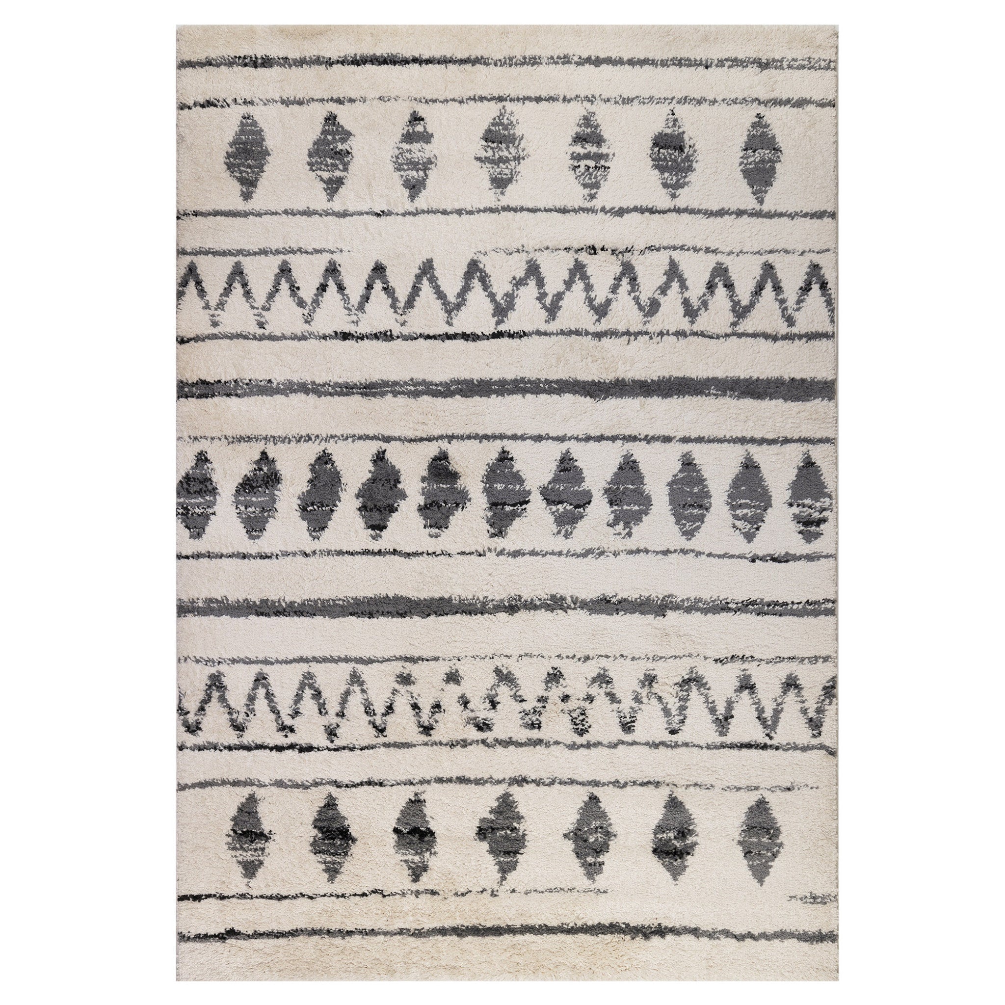 7' x 9' Ivory and Black Geometric Shag Area Rug
