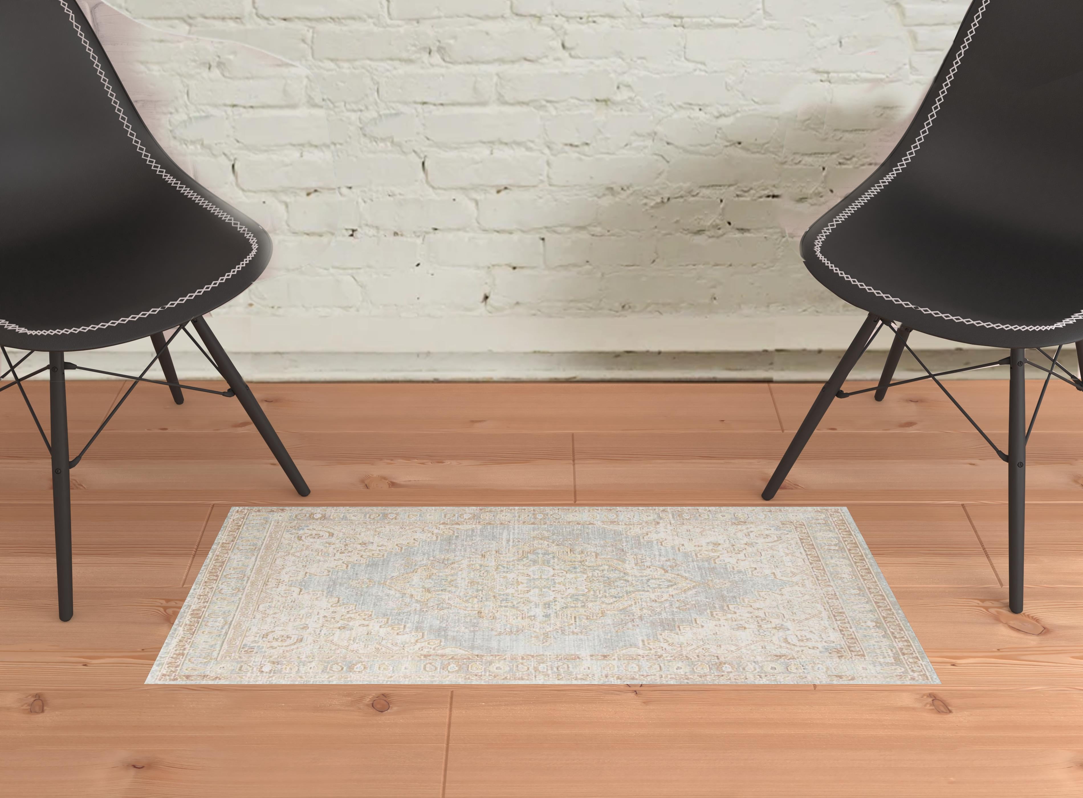 2' x 3' Blue and Gray Medallion Power Loom Distressed Area Rug