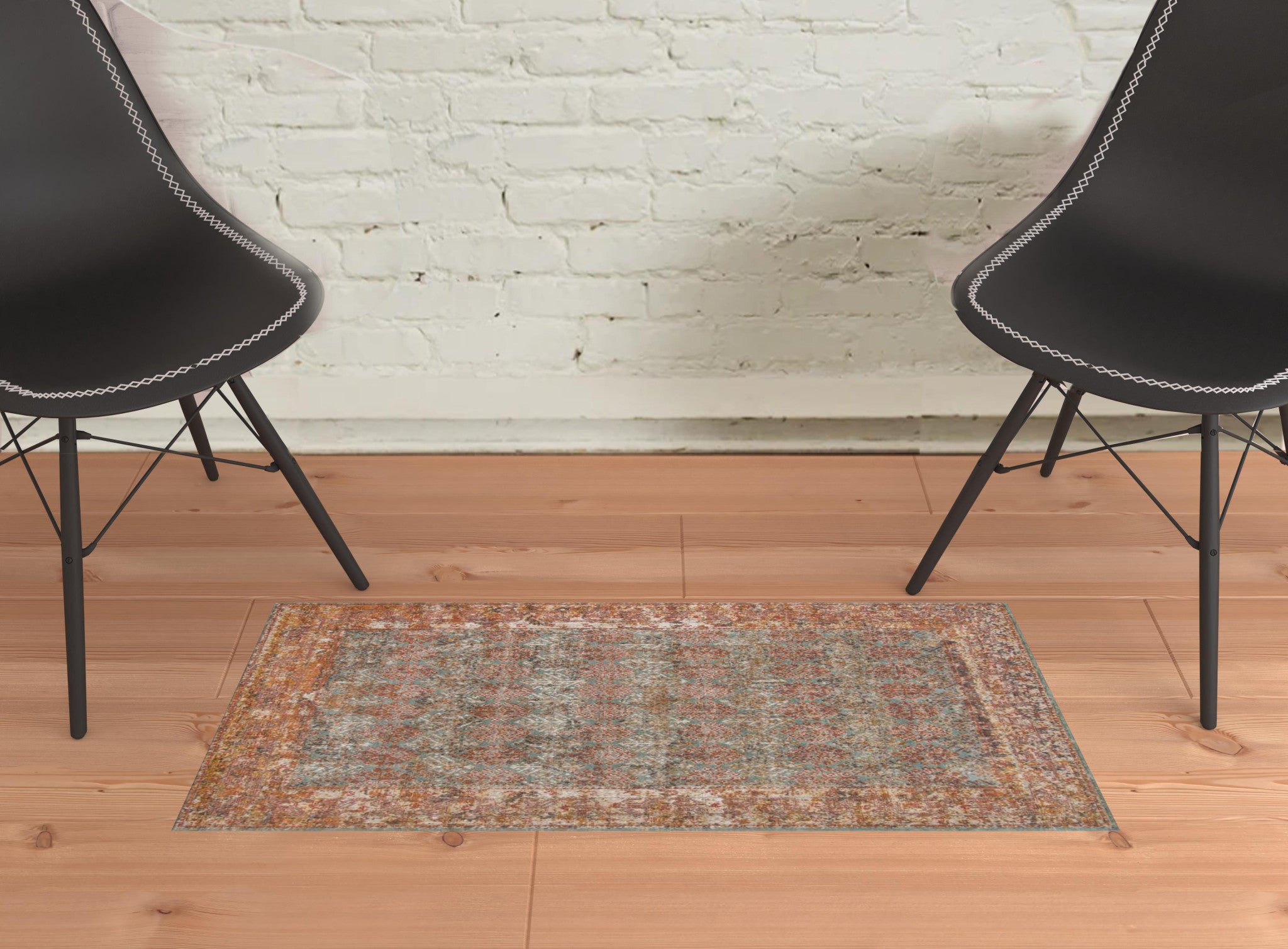 2' x 3' Teal Southwestern Power Loom Area Rug With Fringe