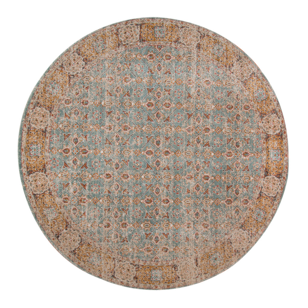 6' Blue and Orange Round Oriental Power Loom Distressed Area Rug