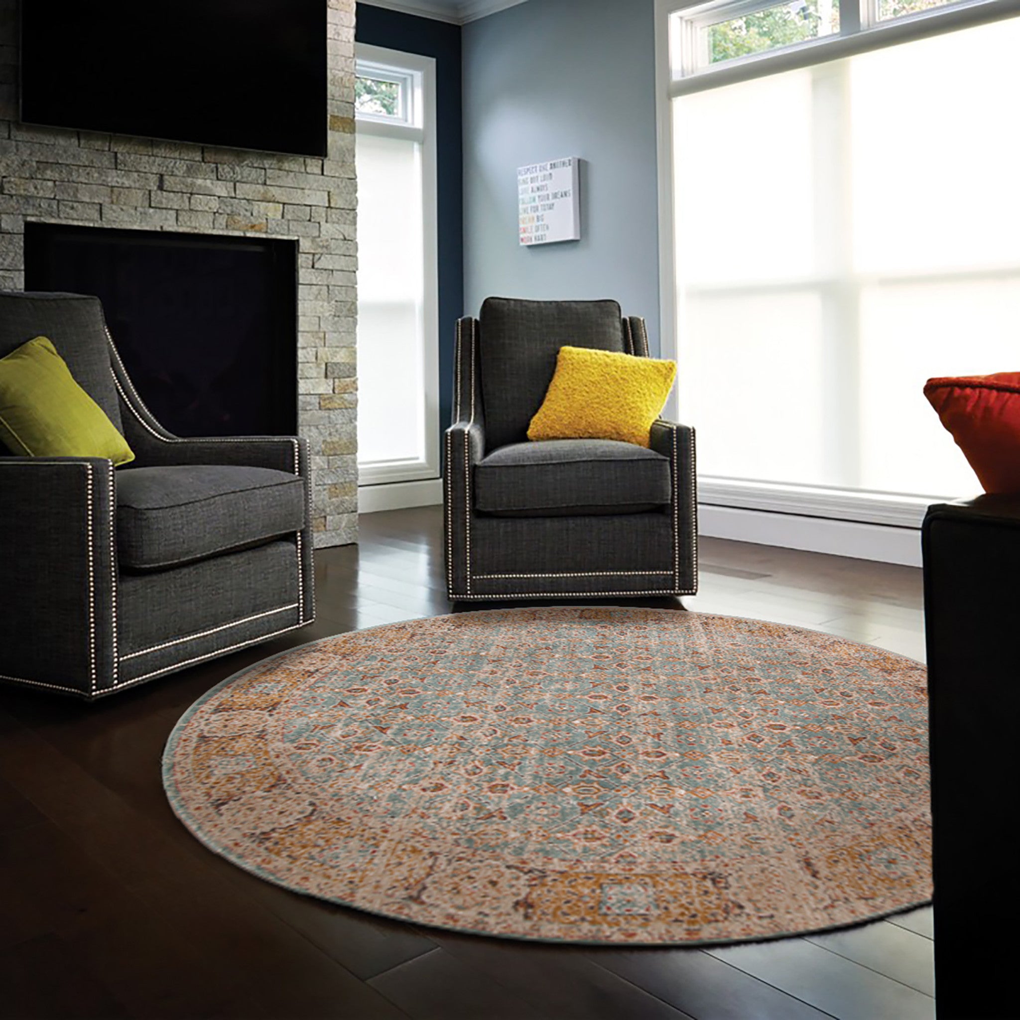 6' Blue and Orange Round Oriental Power Loom Distressed Area Rug