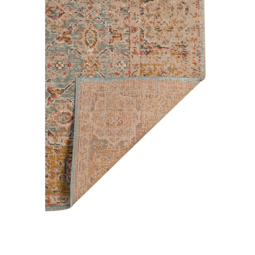 6' Blue and Orange Round Oriental Power Loom Distressed Area Rug