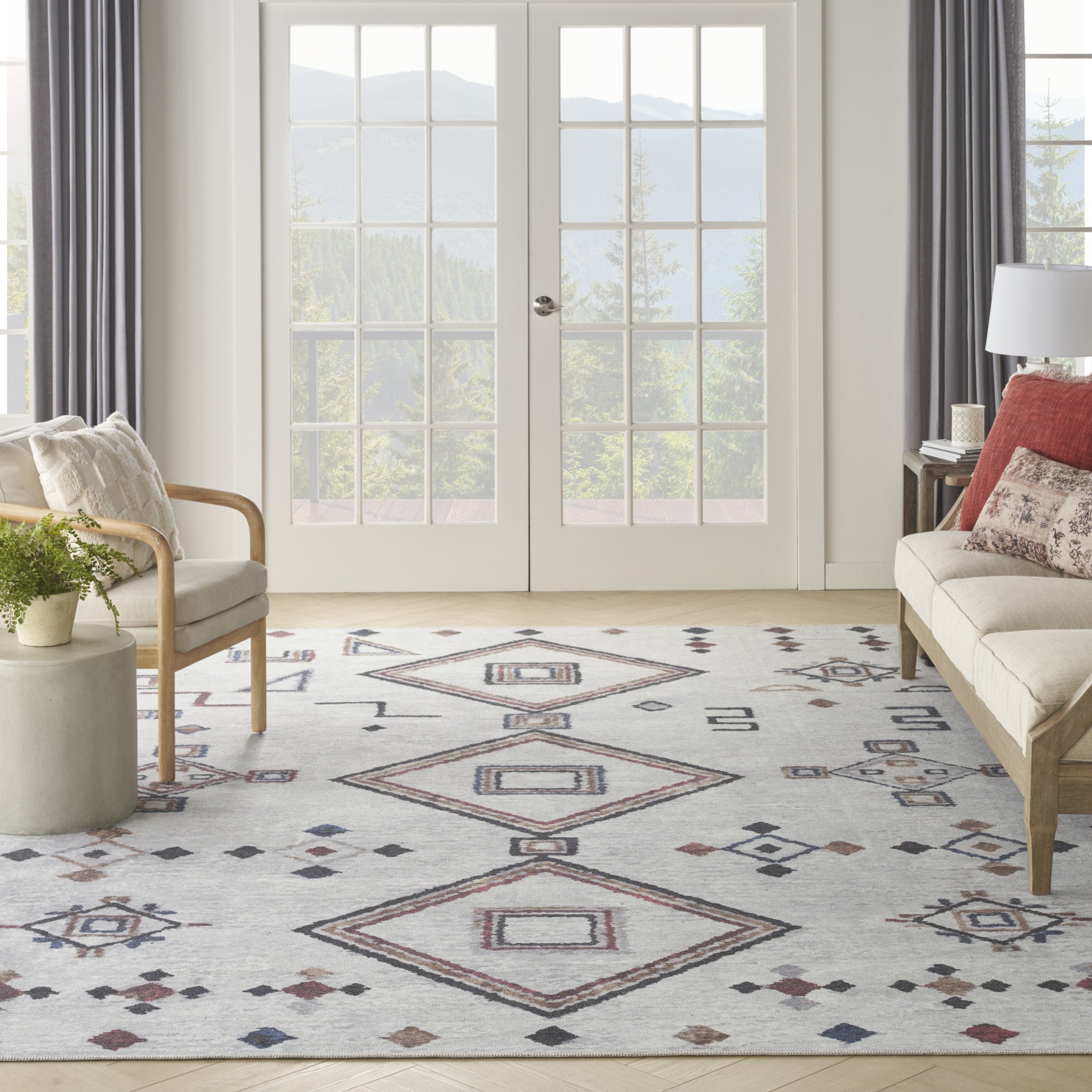 9' x 12' Gray and Brown Geometric Power Loom Washable Area Rug