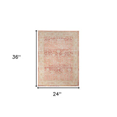 2' x 3' Red and Ivory Oriental Power Loom Distressed Area Rug