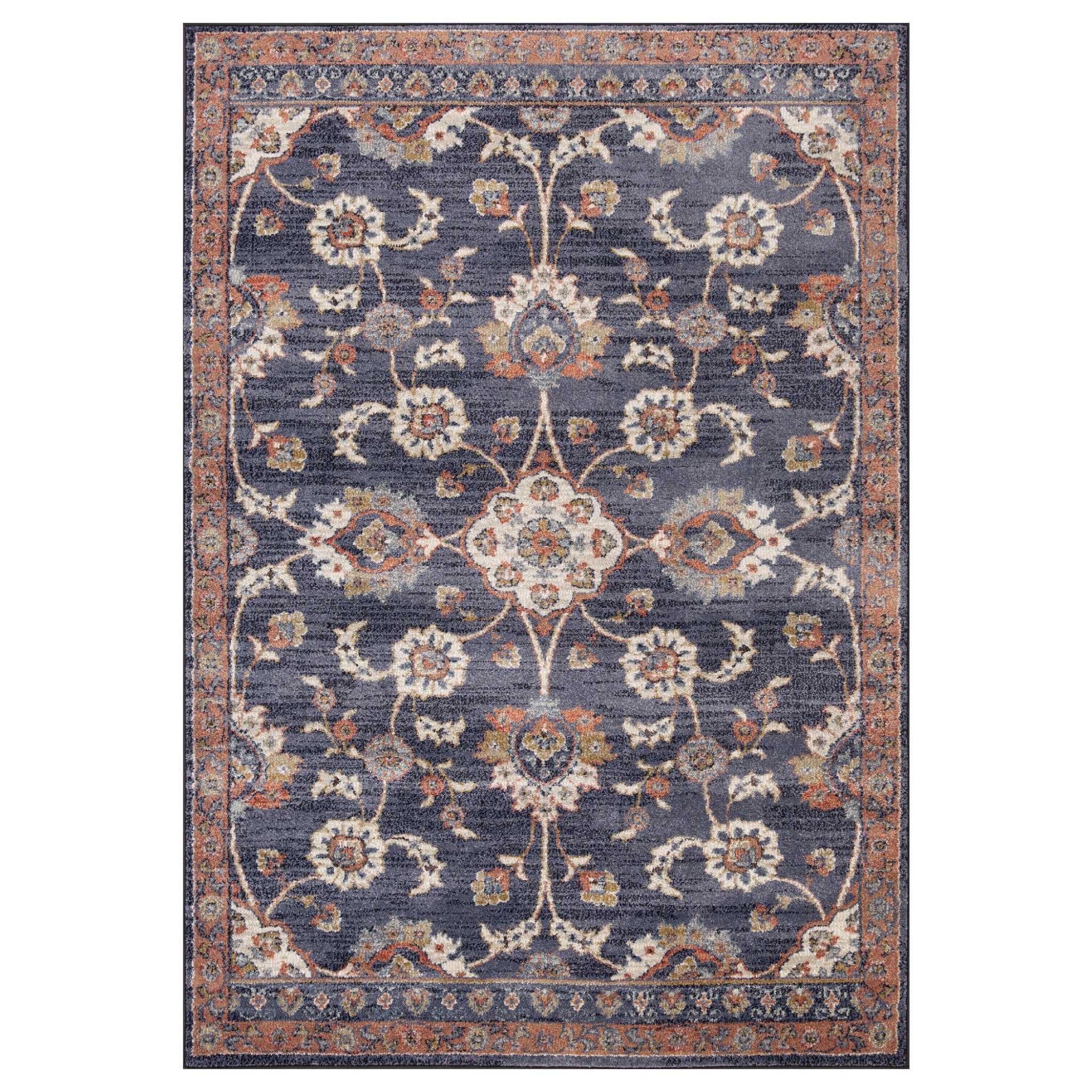 10' Navy Blue Floral Power Loom Runner Rug With Fringe