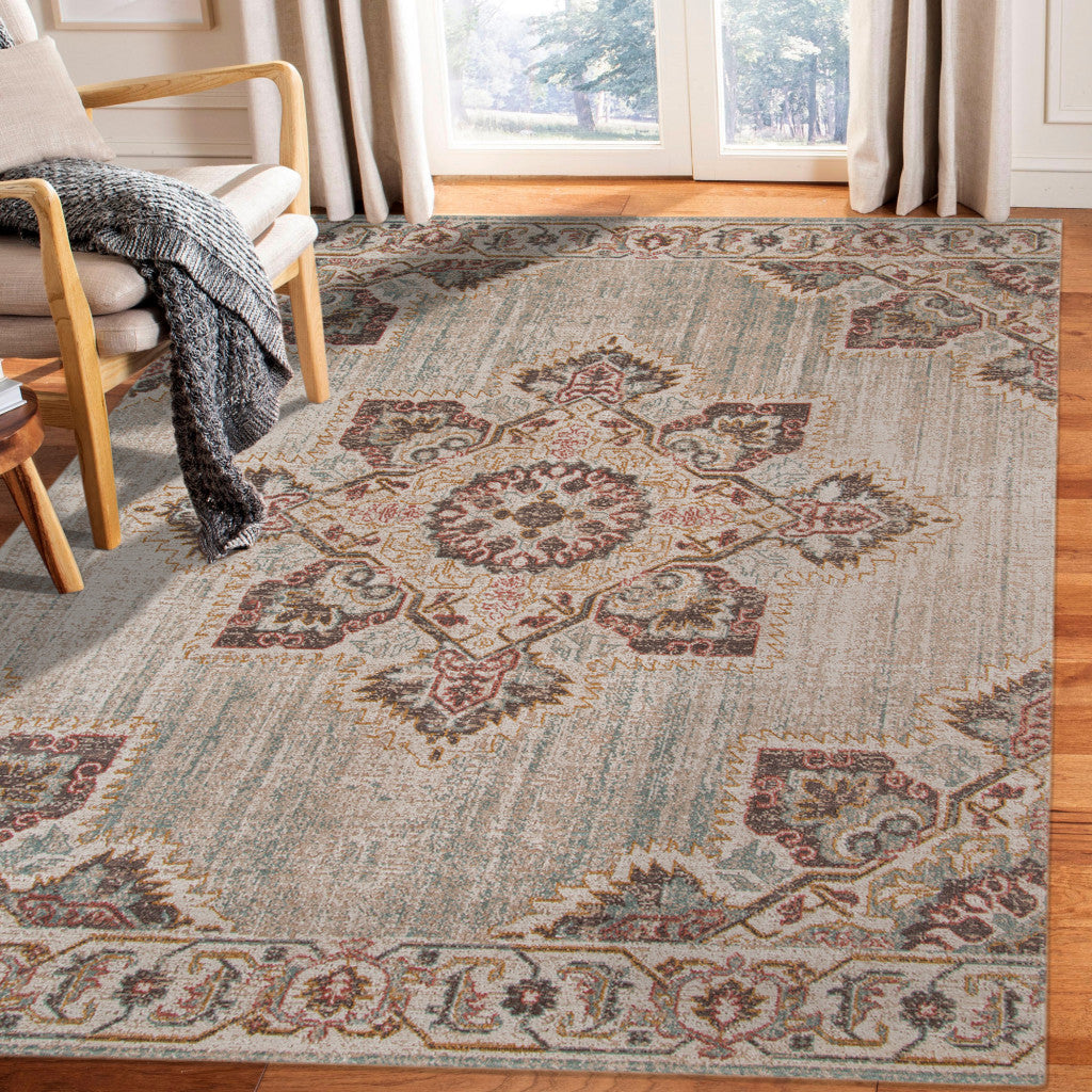 10' x 14' Beige Medallion Power Loom Area Rug With Fringe
