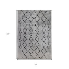 10' Gray and Black Geometric Shag Runner Rug