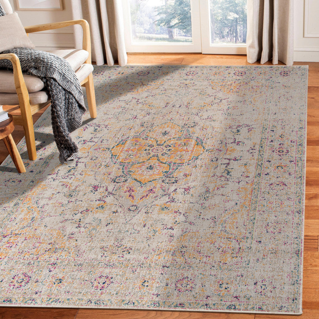 10' x 14' Yellow and Ivory Oriental Power Loom Distressed Area Rug