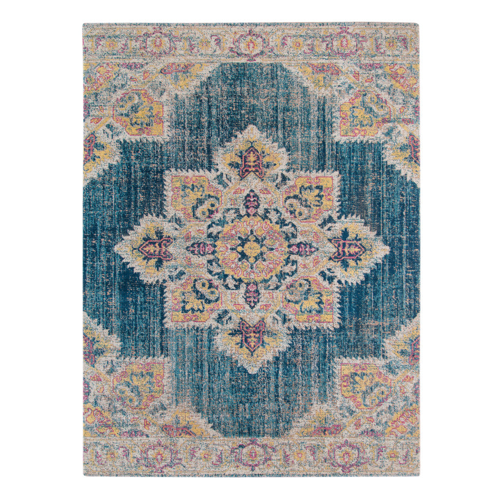 10' x 14' Teal Blue Medallion Power Loom Area Rug With Fringe